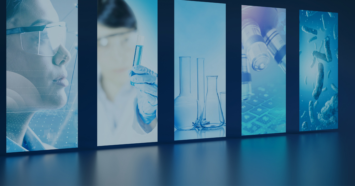 Science research LCD screen panels. Chemistry and microbiology idea for exhibiting space of medical convention.