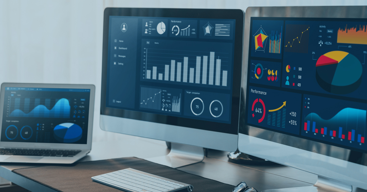 Business intelligence chart and graph display on computer monitor at corporate office. Dark blue interface of dashboard data analysis dashboard. Financial database for business marketing.