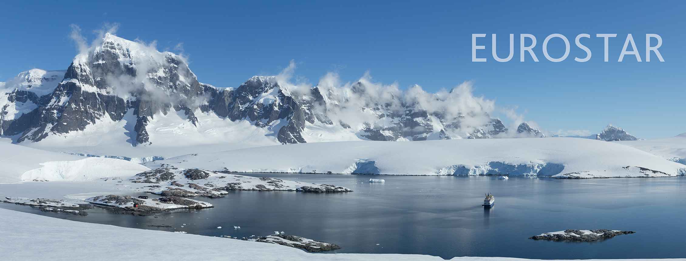 Antarctic landscape with glaciers, icebergs, mountains with text overlay.